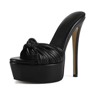 Women’s Faux Black Leather Knot Platform Mules 16cm Ultra High Stiletto Heel Summer Fashion Trend Party Evening Shoes