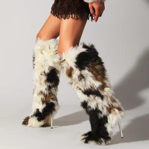 Women’s Faux Fur Boots Stiletto Heel Pointed Toe Pull On Warm Snow Boot Cushioned Winter Boots