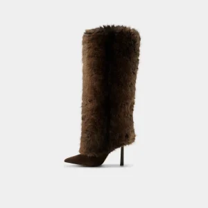 Women’s Faux Fur Over the Knee Boots High Heel Pointed Toe Brown Party Footwear