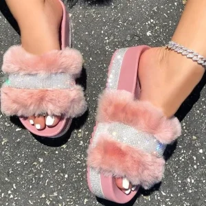 Women’s Faux Fur Platform Slides Diamond Designed Rhinestone Bling Slippers Plush Thick Sole Outdoor Sandals