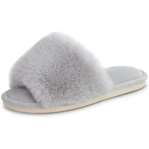 Women’s Faux Fur Slippers Fuzzy Flat Spa Fluffy Open Toe House Shoes Indoor Outdoor Slip-on Memory Foam Slide Sandals