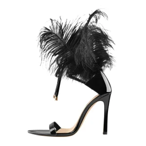 Women’s Feather High Heels Lace Up Stiletto Sandals for Party Performance