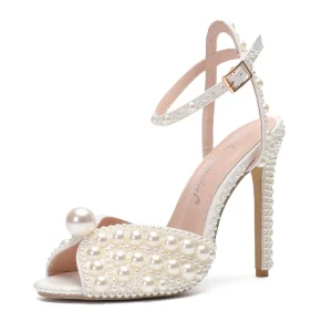Women’s Fish Toe 11cm High Stiletto Heel Wedding Bridal Shoes Woman Shallow Mouth Pearl Bride Party Shoes