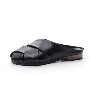 Women’s Flat Bottomed Muller Half Loafers Closed Mouth Slippers Leopard Pattern X-strap Buckle Closure Stretch