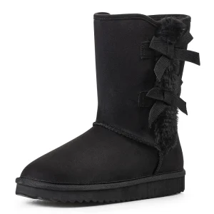 Women’s Flat Heel Waterproof Suede Mid Calf Snow Boots with Side Bows Warm & Anti Slip for Winter Outdoor Use