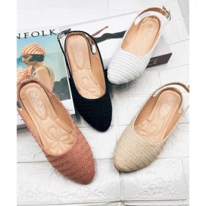 Women’s Flat Mules Pointed Toe Elegant French Style Woven Pattern Flat Heels Women’s Formal Dress Shoes