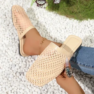Women’s Flat Mules Slip On Mesh Upper Square Toe Breathable Light Weight Summer Korean Style Casual Daily Wear
