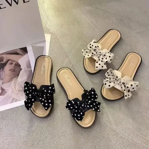 Women’s Flat Platform Sandals Bowknot Mules Indoor Outdoor PU Upper One Word Slippers Cute PVC Design Beach Use
