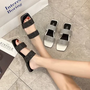 Women’s Flat Rhinestone Slippers Korean Style Beach Casual Outdoor Sandals for Foreign Trade