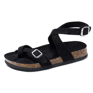 Womens Flat Sandals Cork Foot-bed Slides 2 Straps Adjustable Buckle Slip On Summer With Comfort Shoes