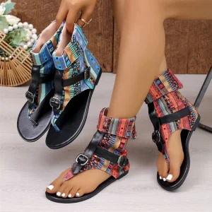 Women’s Flat Sandals Plus Size Open Toe Thong with Back Zipper Roman Casual Beach Shoes