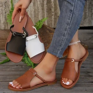 Women’s Flat Sandals for Fashion Trend Soft Slides Breathable Spring Summer Beach Outdoor Open Toe PU Leather Rubber