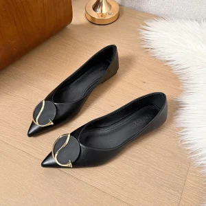 Women’s Flat Shoes New Model Solid Pointed Toe Shallow Mouth Soft Sole Slip On Square Buckle Flats Shoes
