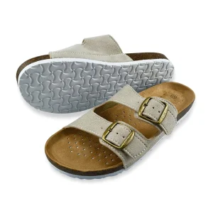 Women’s Flat Slide Sandals Arch Support 2 Strap Adjustable Buckle Slip On Design Anti Slip EVA Outsole Genuine Leather Upper