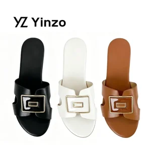 Women’s Flat Slide for Square Buckle Open Toe Non-Slip Casual TPR Summer Flexible Breathable