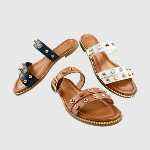 Women’s Flat Slippers Double Straps with Adjustable Buckle and Beads Slip On Slides Sandals Soft Outdoor Open Toe Ladies Shoes
