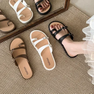 Women’s Flat Soft Sole Toe Loop One Strap Slides Summer Outdoor Wear Versatile Vacation Sandals