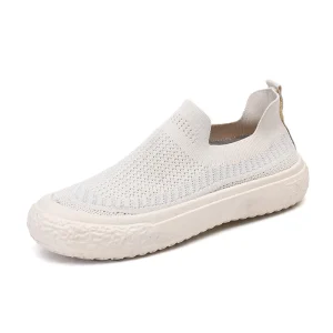 Women’s Flats with Soft Sole Casual Letter Print Mesh Sneakers for Winter Walking Light Weight with Slip On Closure