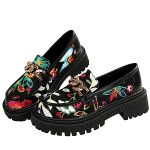 Women’s Floral Embroidery Platform Mary Jane Slip Loafers Black Buckle Casual Daily Streetwear Fashion Comfortable Footwear