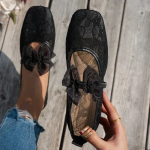 Women’s Floral Lace Mesh Ballet Flats Comfortable Dressy Square Closed Toe Bow Dress Shoes