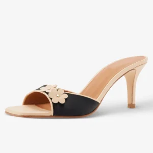 Women’s Flower Embellished Mule Heels Square Toe Two Tone Colorblock Mid Heel Sandals OEM Custom
