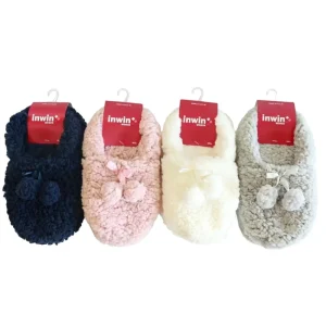 Women’s Fluffy Curly Fleece House Slippers with Pom Poms Bow Cozy Closed Back Indoor Slippers