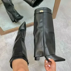 Women’s Fold Over Cuff Over The Knee Boots Metal Lock Buckle Stiletto Heel Pointy Toe Elastic Fabric Winter Autumn Casual Shoes