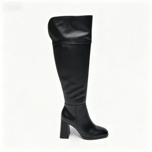 Women’s Foldable 2-Way Wear Over-the-Knee Boots Black PU Block Heel Round Squeae Knee High Long Boots