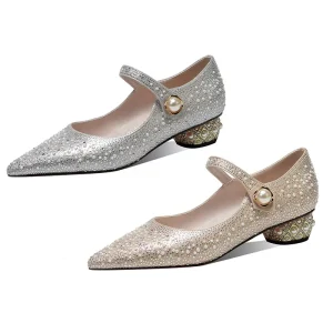 Women’s Formal Comfortable Mary Jane Pumps Pearl Buckle Rhinestone Dress Shoes Low Heel Breathable