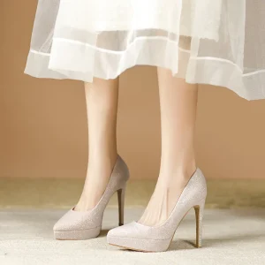 Women’s Formal Metallic Sequin Gold High Heels 12 cm Spike Waterproof Platform Pointed Shoes