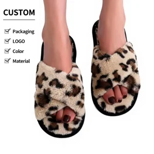 Women’s Four Seasons Plush Cross Strap Open Toe Anti Slip EVA Sole Warm Soft Indoor for Women Girls Custom