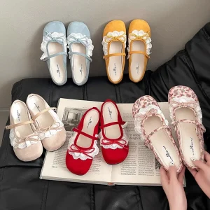 Women’s French Style Mary Jane Dress Shoes Korean Doll Design Closed Slip-On Toe Spring Ballet Summer Fashion Trend