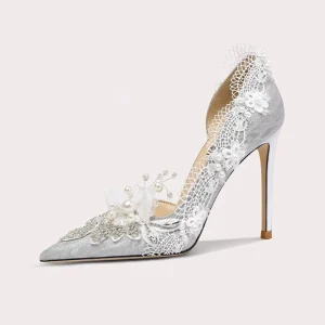 Women’s French Wedding Shoes with Pearl Decoration Design Large Size Thin Heels Elegant Lace Embellished Stiletto Pumps