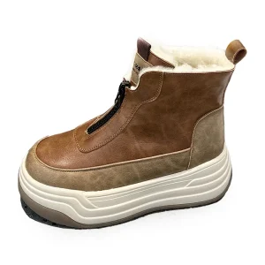 Women’s Front Zipper Thick Soled Snow Boots Small Sized Lined English Style Vintage Artificial Leather