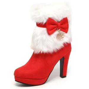 Women’s Fur Lined Christmas Ankle Boots Chunky High Heel Bow Knot Side Zipper Round Toe Booties