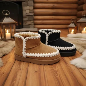 Women’s Fur Lining Boots Ankle Winter Warm Sports Hiking Boots Slip On Crochet Edge Comfortable Snow Boots