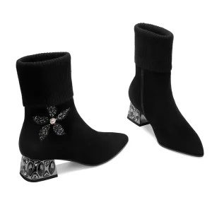 Women’s Fur Lining Zip Closure Knitted Ankle Boots Suede Flower Crystal Heel for Autumn Winter OEM ODM