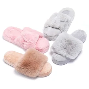 Women’s Fur Slippers Fluffy Open Toe Indoor Outdoor Spa Slide Sandals With Memory Foam Cushioning for Winter and Spring