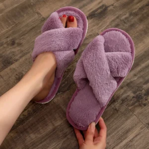 Women’s Fur Slippers Soft Fashionable Cross Strap Classic Warm Plush Soft Indoor Home Autumn Winter Christmas