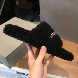 Women’s Furry Curly Fur Slides Striped Embroidered Open Toe Slippers Non-Slip Sole Warm Winter Autumn Indoor Bedroom Slippers