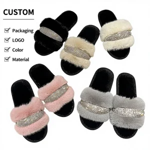 Women’s Furry Faux Fur Crystal Rhinestone Anti slip Warm Flat Fashionable Shiny Open Toe Slides TPR Outsole