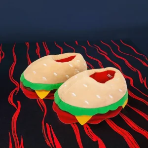 Women’s Furry Plush Lining PVC Midsole EVA Outsole Anti Slip Warm Autumn Stuffed Hamburger Fries Pizza Bread Home