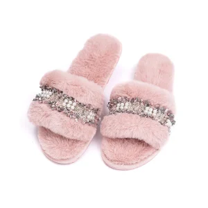 Women’s Fuzzy Faux Fur Open Toe Slippers Indoor Outdoor Comfortable Home Slippers Peals Female Plush Slippers