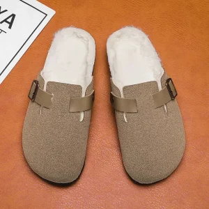 Women’s Fuzzy Fur Clogs 36-47 Big Size Soft Winter Cork Slipper Plush Shoes Mules