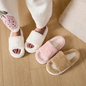 Women’s Fuzzy Slippers Cross Band Memory Foam House Slippers Open Toe Plush Slippers