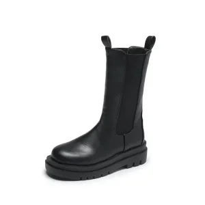 Women’s Genuine Cow Leather Mid-Calf Slip-On Ankle Boots Breathable Height Increasing Design for Autumn and Spring Winter