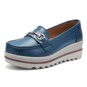 Women’s Genuine Cowhide Platform Loafers Casual Wedge Heel Shoes for Plus Size with Strong Grip and Stable Walking