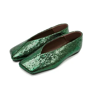 Women’s Genuine Leather Ballet Style Flats Snakeskin Metallic Square Toe V Cut Low Heel Casual Shoes Plus Size 35-45