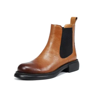 Women’s Genuine Leather Chelsea Boots Thick Sole Elastic Band Autumn Winter Casual Work Boots