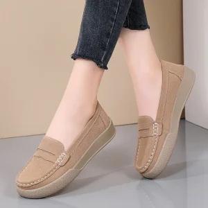 Women’s Genuine Leather Cross-Border Loafers Comfortable Slip-On Flats Soft Suede Anti-Slippery Design for Spring Autumn Closed